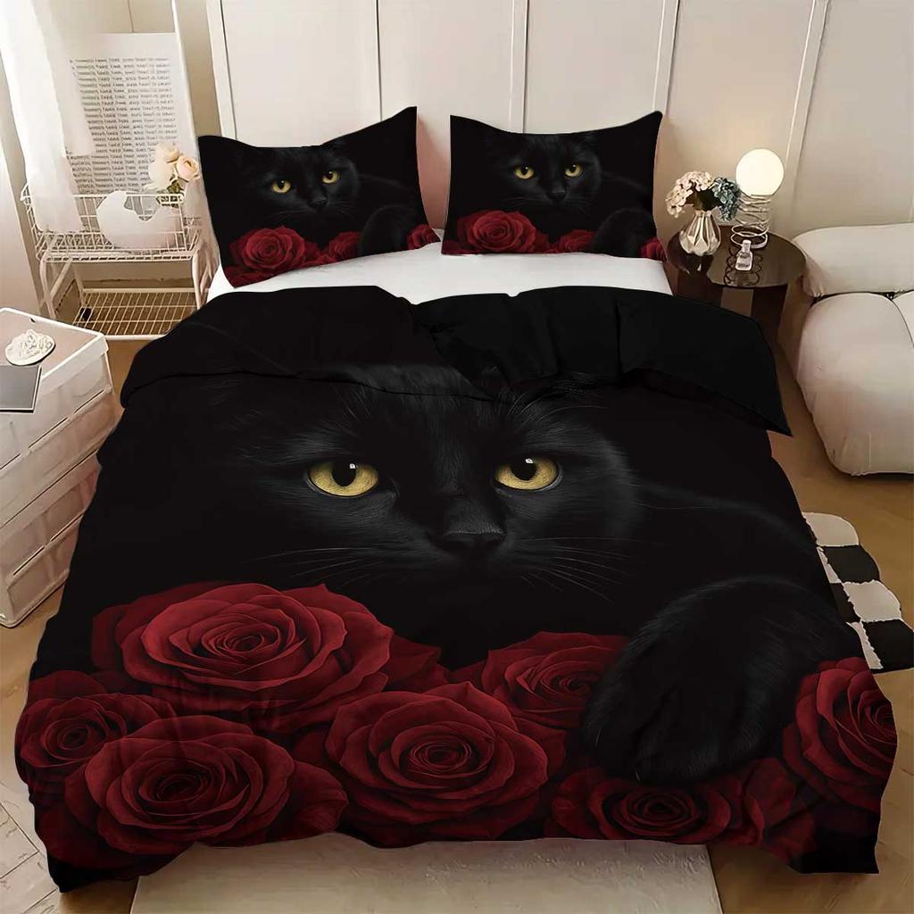 3pcs Black Cat Pattern Printed Bedding Set, 1*quilt Cover+2*pillowcase, Suitable for King Bed, Single Bed for All Seasons