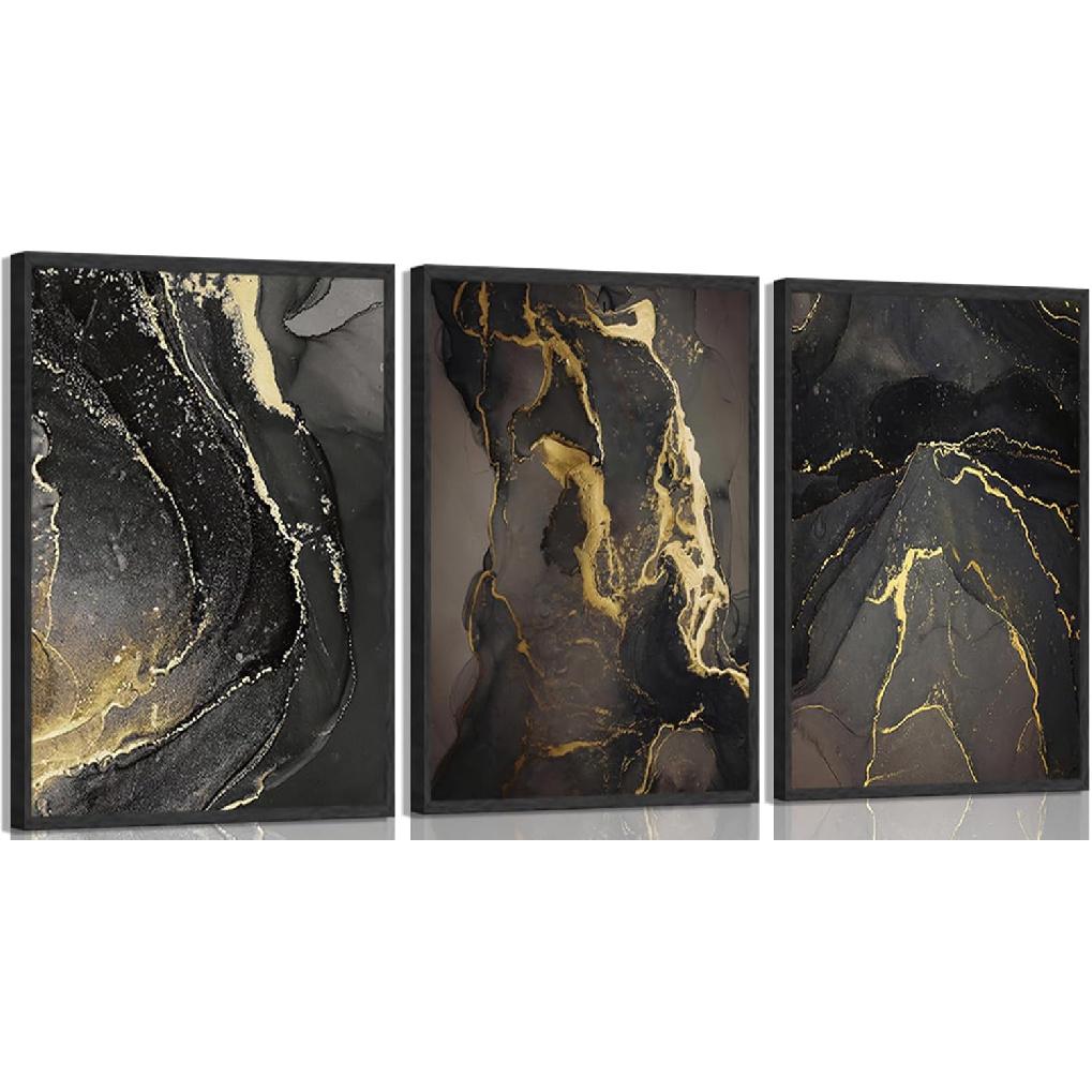 Kyiyhzp 3Pcs Abstract Black Gold Wall Art Modern Minimalist Wall Decor Prints Black gold grey pictures Marble painting artwork for Living Room