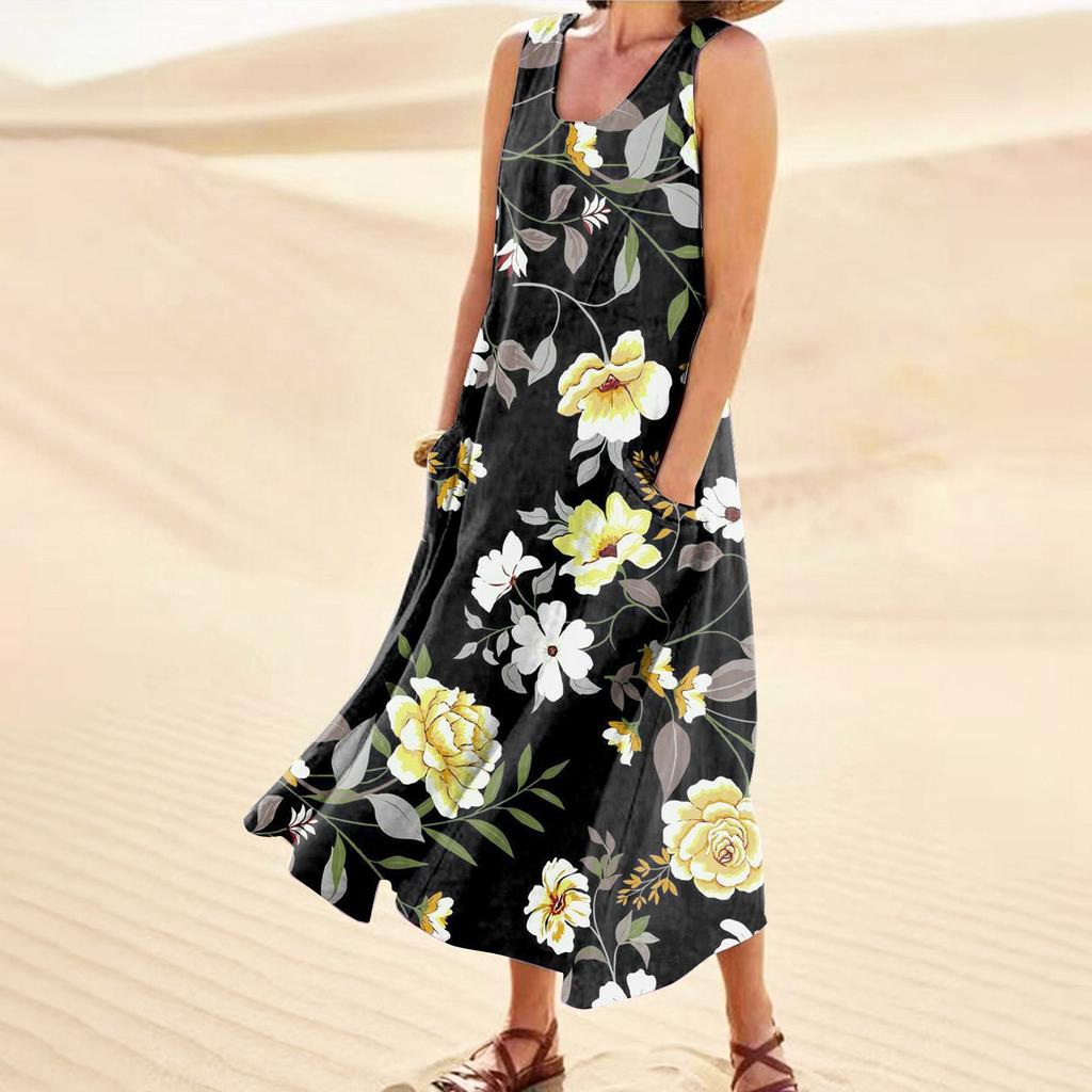 Women's Summer Casual Fashion Flower Printed Sleeveless Round Neck Pocket Dress