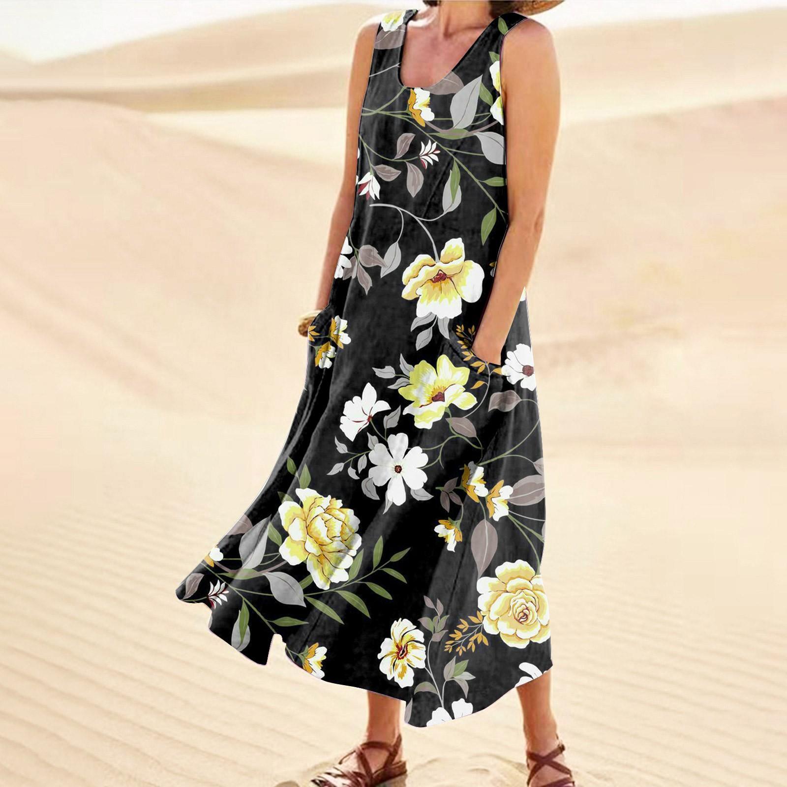 

Женское летнее повседневное модное платье без рукавов с круглым вырезом и карманом с цветочным принтом XXXXXL чёрный