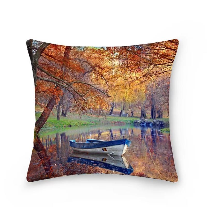 Landscape Pattern Decorative Cushion Cover Polyester Pillow Cover Throw Pillowcase Sofa Chair Bedroom Home Decoration 45X45Cm