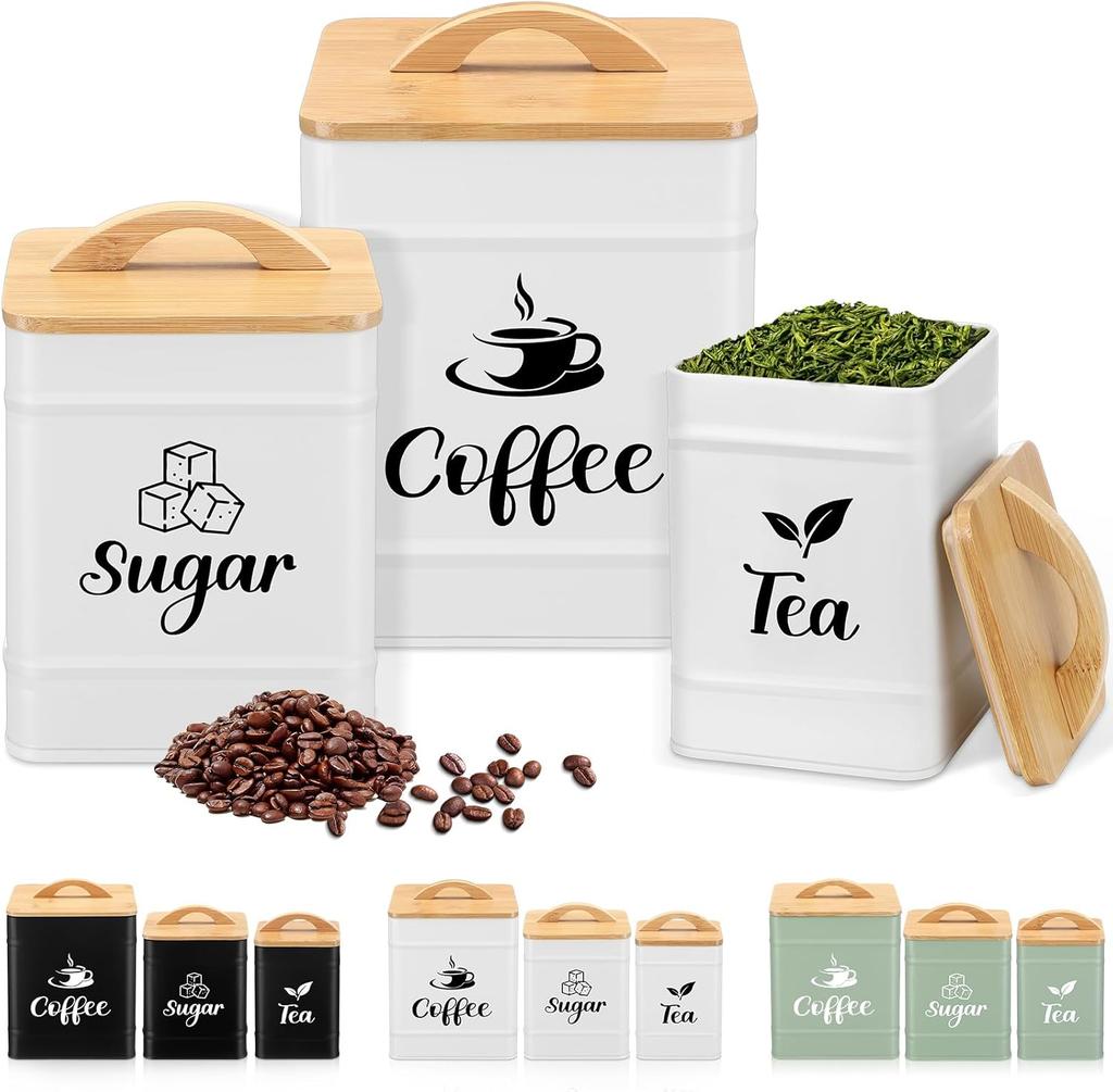 3 Set Airtight Coffee Sugar Tea Containers with Bamboo Lids, Rustic Metal Jars for Kitchen Storage (Turquoise)