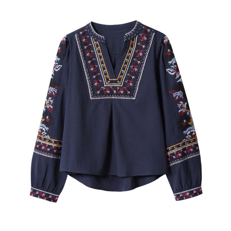 Kaslead New Women Clothes Western Style Fashion Simple French Style V-neck Heavy Industry Embroidery Shirts