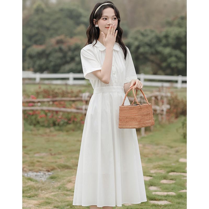 Summer Arts Academy Wind Doll Collar Solid Color Waist Dress Female First Love Small White Dress
