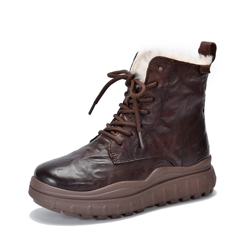 Johnature Thick Sole Wool Boots Thickened Warm Cotton Boots Genuine Leather Retro Women Short Boots