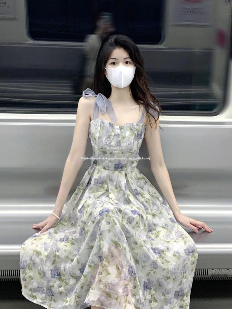 Rochie de vară florală cu bretele - Design lung de zână franțuzoaică