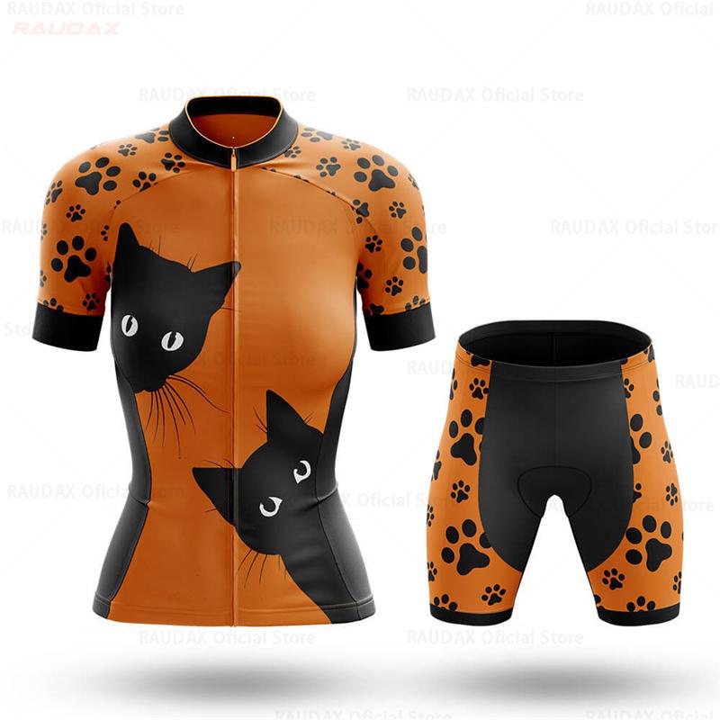 Women's Cycling Jersey Set Pink Cartoon Cat Summer Short Sleeve Breathable MTB Bike Cycling Clothing Maillot Ropa Ciclismo Mujer
