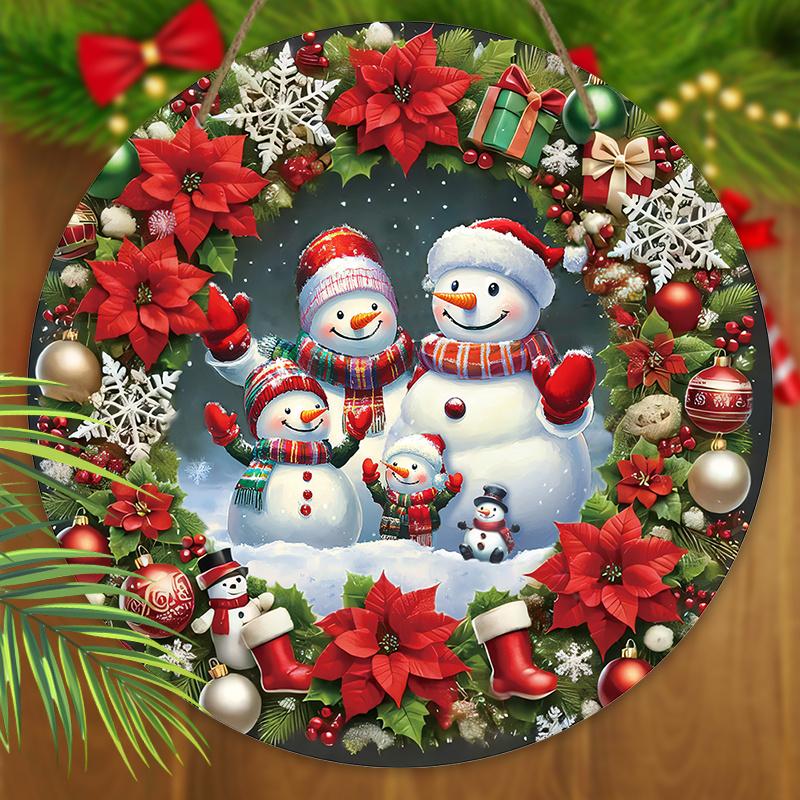 Warmes Winterliches Weihnachts-Holzschild mit Schneemann- & Kranzmuster, Weihnachtsornament zur Hängedekoration für Haustür, Wand, Veranda, Ideales Weihnachtsgeschenk
