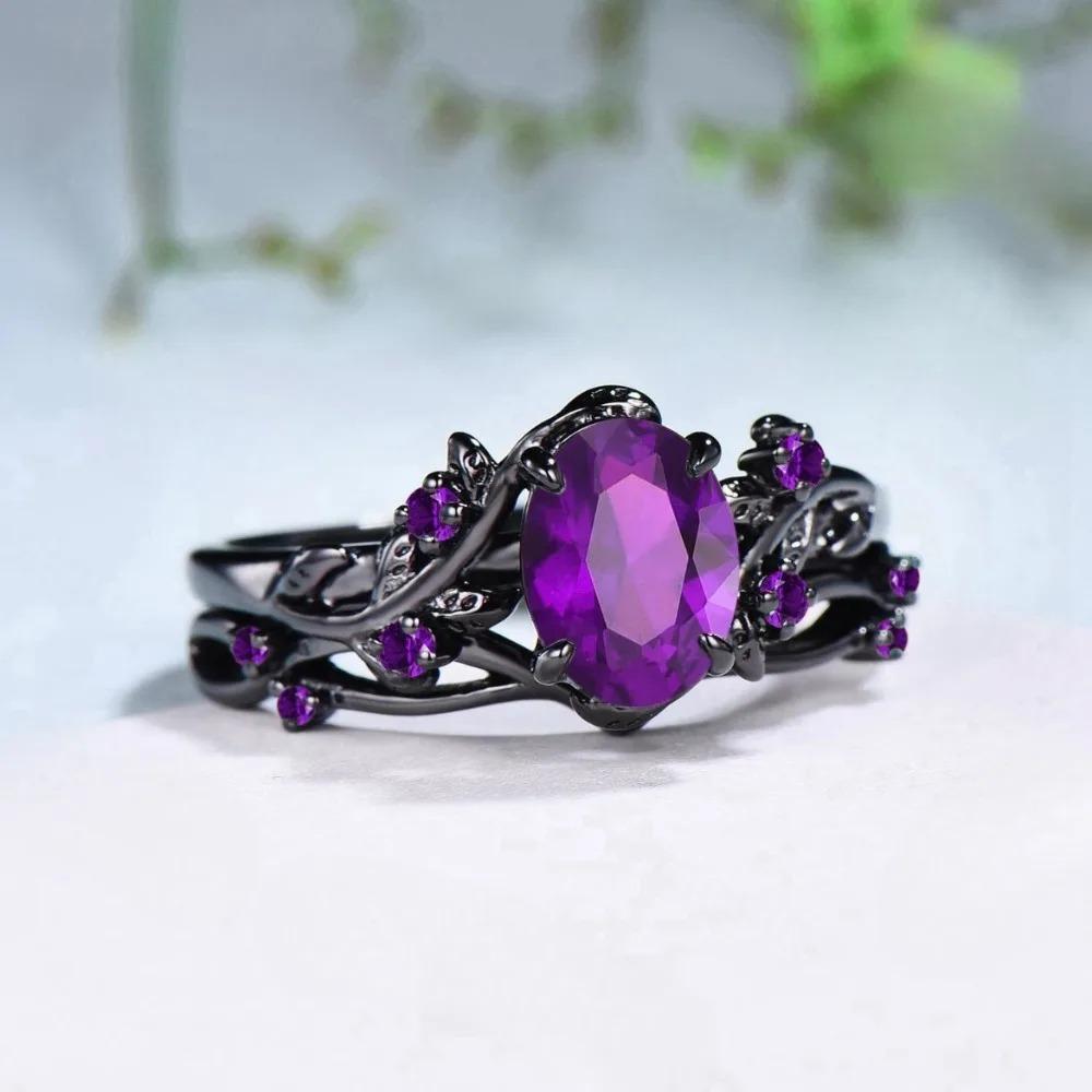 2Pcs/Set Fashion Black Gold Color Purple Rhinestone Zircon Rings For Women Full Crystal Rings Wedding Engagement Gifts