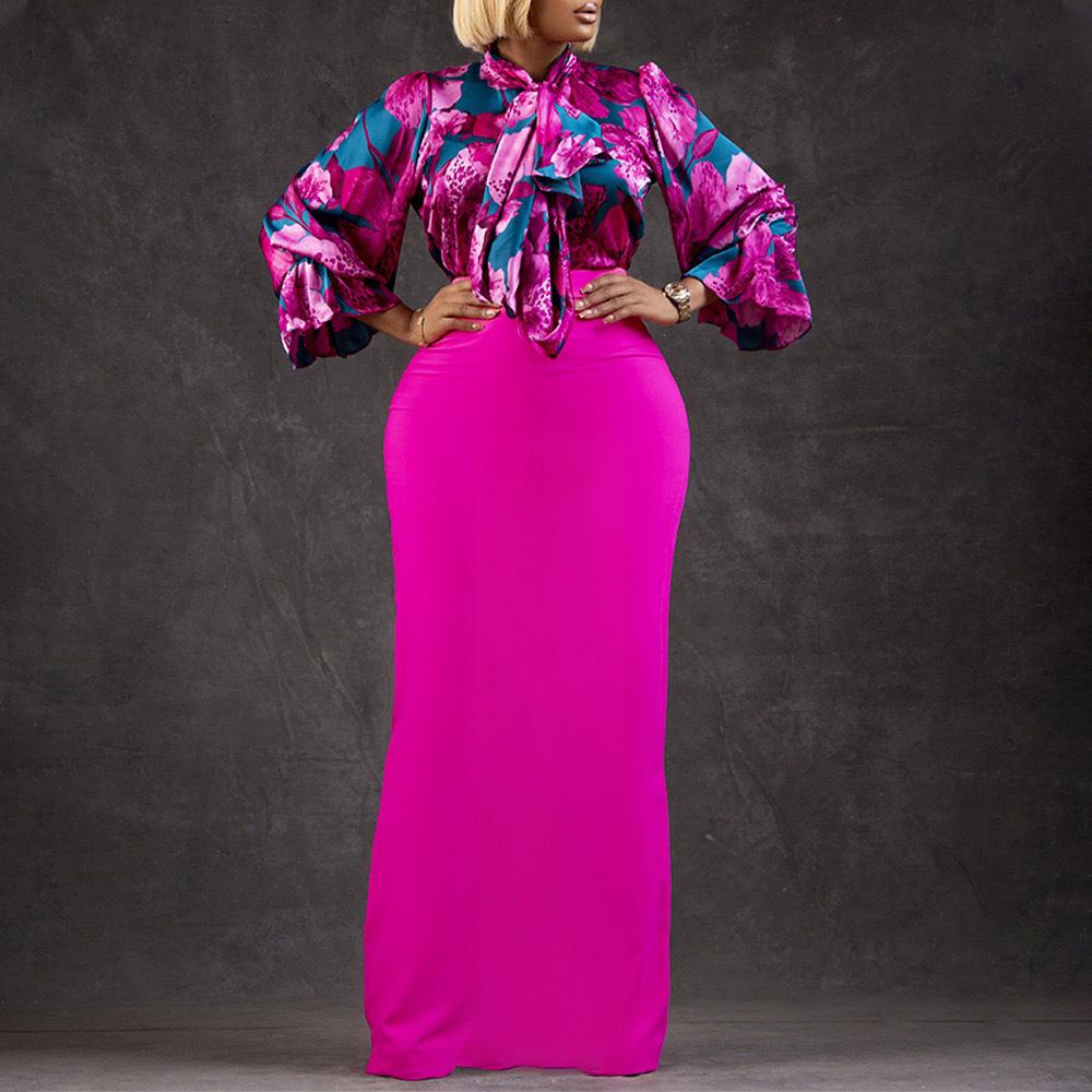 

Women 2 Pieces Sets Outfits Skirts and Shirts Bow Collar Printed Sheath Back Split Long Skirts Clothes Matching Skirt Sets XXXL