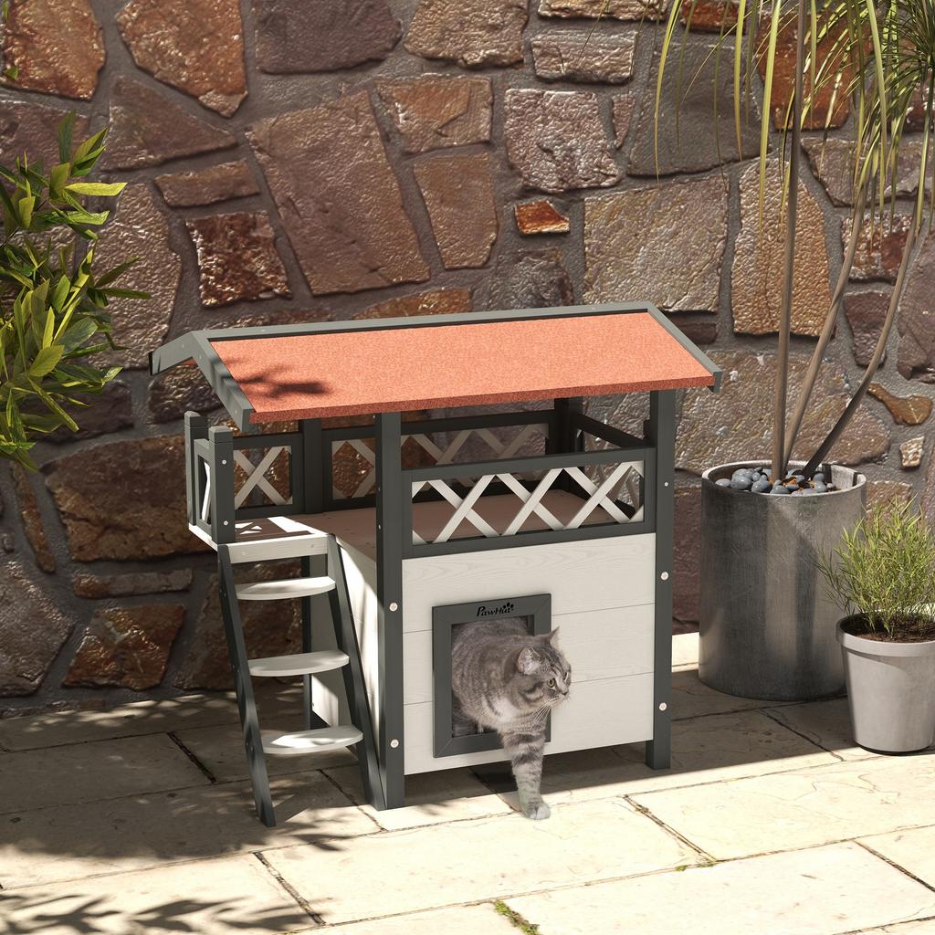 Outdoor Cat House with Terrace and Wooden Ladder, 77x50x73cm, White and Grey