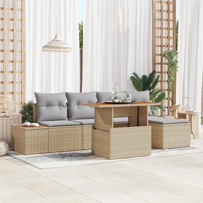 VidaXL Ensemble de salle à manger de jardin en 6 pièces avec coussins beige en polyrotin et acacia 3350062