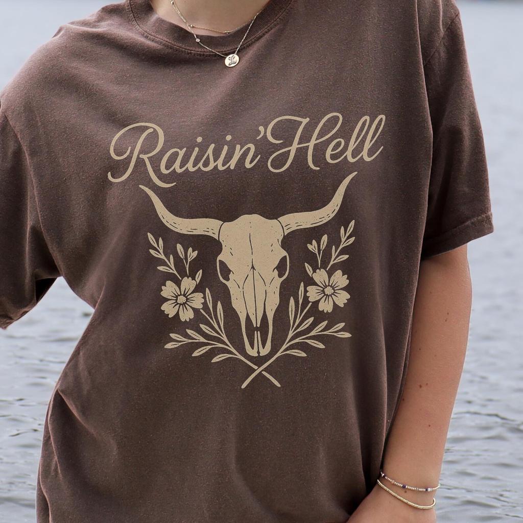 Raisin' Hell Cow Skull Tee: Feral Cowgirl Comfort Colors Shirt