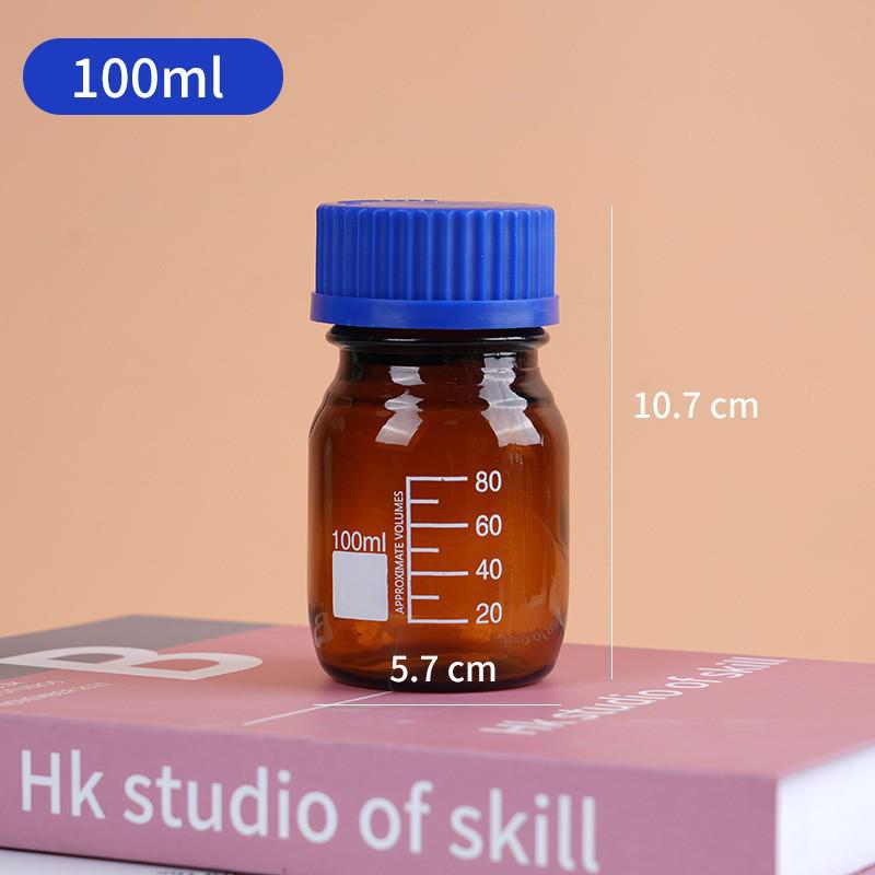 Blue Cap Transparent Glass Reagent Bottle with Scale, Brown Round Sampling Bottle
