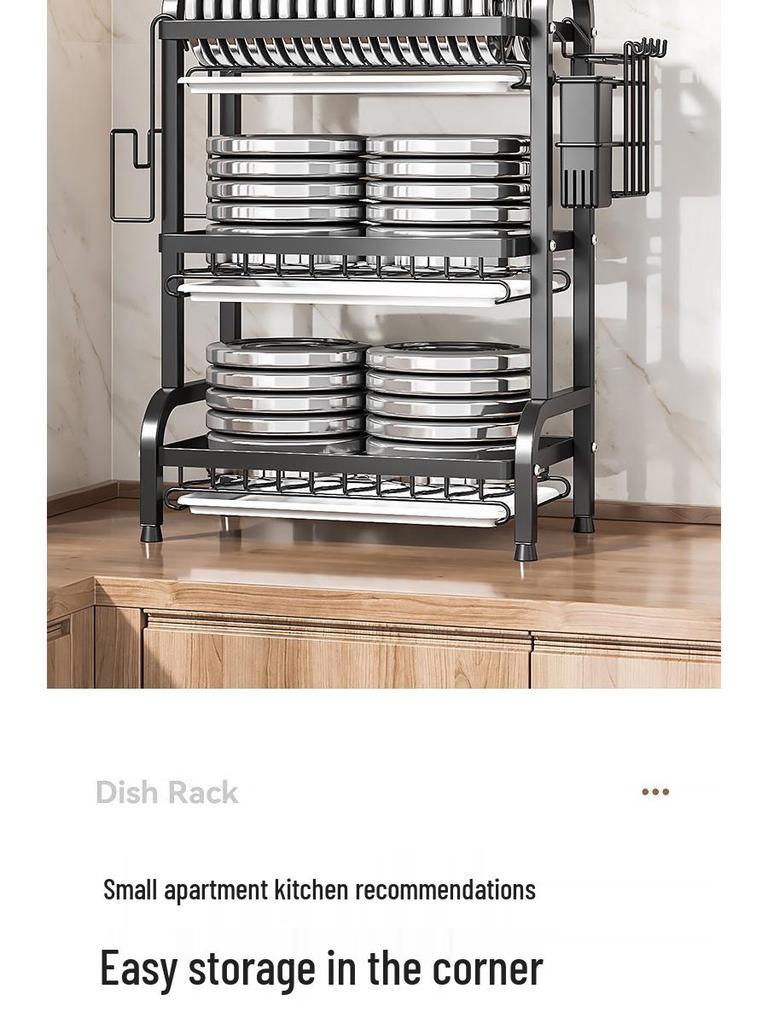Multi-layer Kitchen Storage Rack for Bowls, Plates, Knives, and Chopsticks with Countertop Drain Functionality