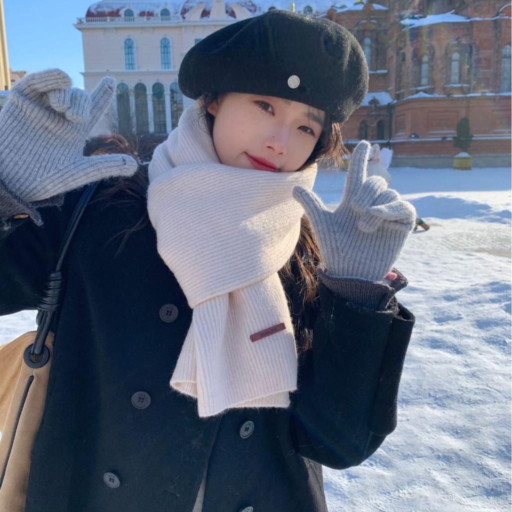 Ice Blue Knitted Soft Waxy Scarf Women's Winter Warm Thickened with Blended Solid Color Versatile Scarf, Long Style