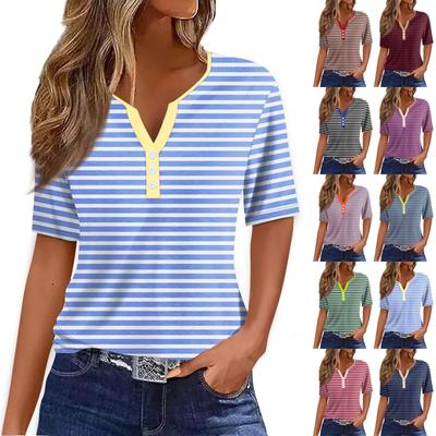 Women's Fashion Casual Printed V-Neck Short Sleeve Decorative Button T-Shirt Top