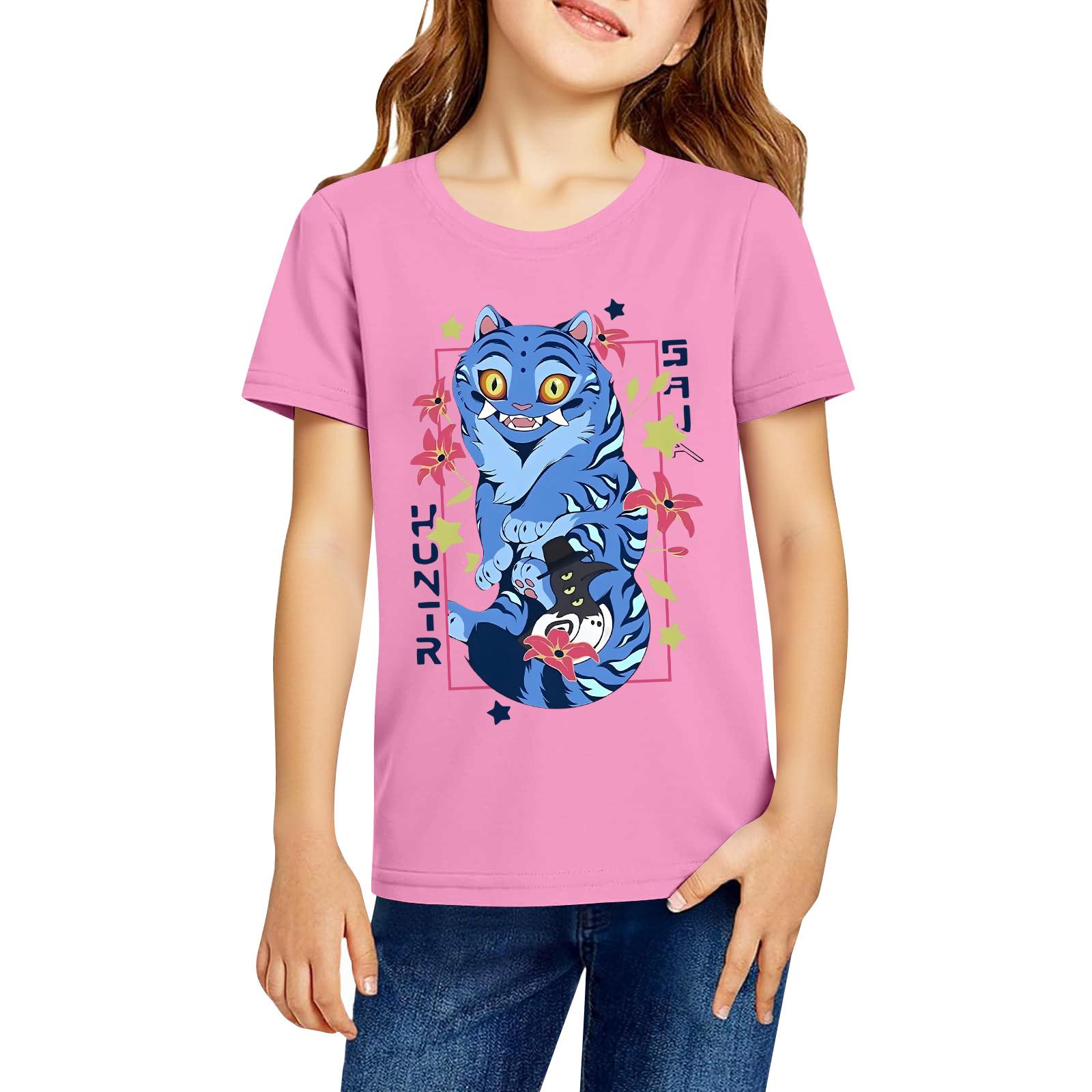 

Модная рабочая одежда с короткими рукавами и круглым вырезом, топы с принтом для детских летних топов 140 розовый