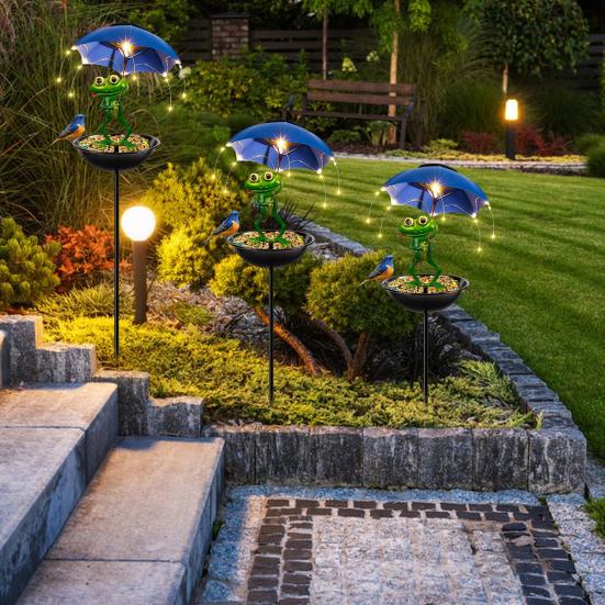 Yousheng Solar Bird Feeder Frog Garden Decor Drain Holes Design Weather-Resistant Outdoor Solar Lights Frog Figurine Lights with Umbrella