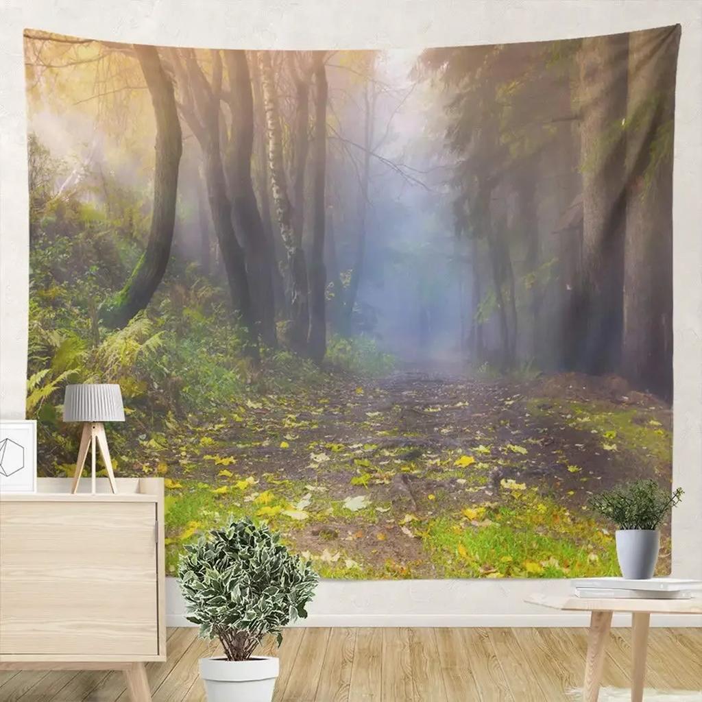 VIKAMA Nature Forest Tapestry, Misty Green Pine Tree Scenery Wall Art Hanging for Bedroom Living Room Photography Backdrop