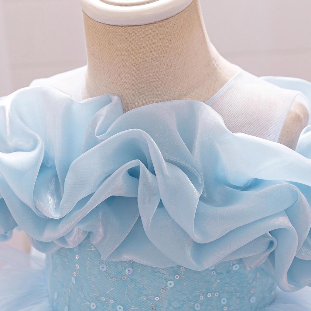 Kinder Schulterfreies Puffiges Prinzessin Mesh Kleid für Klavieraufführungen