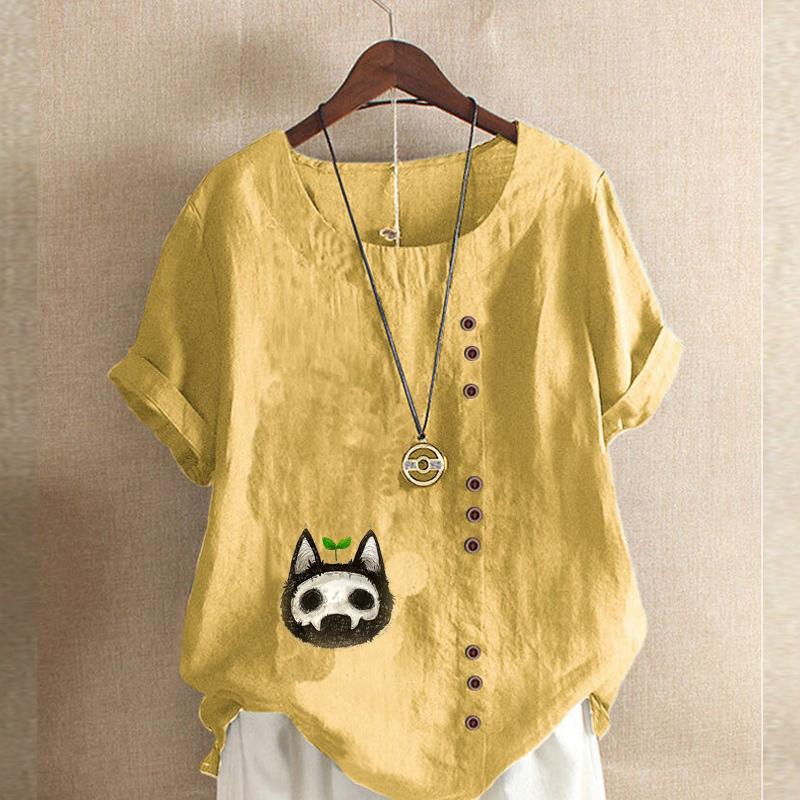 Women's Fashion Cartoon Characters Prined Round Neck Short Sleeve T-shirt Casual Cotton Linen Graphic Shirt Leisure Loose Summer Blouse Tops