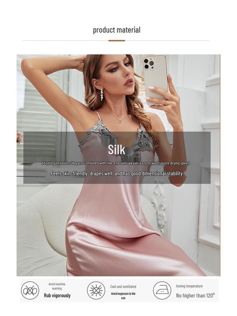 V-Neck Lace Silk-Look Camisole Nightdress - Spring/Summer Fashion for Women