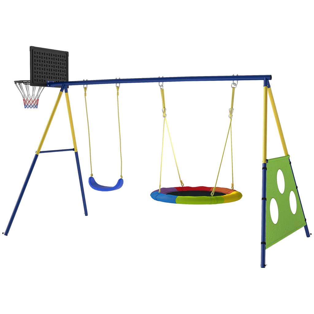 4-in-1 Kids Swing Set with Saucer Swing, Basketball Hoop and Football Goal, Outdoor Playground Playset for Garden