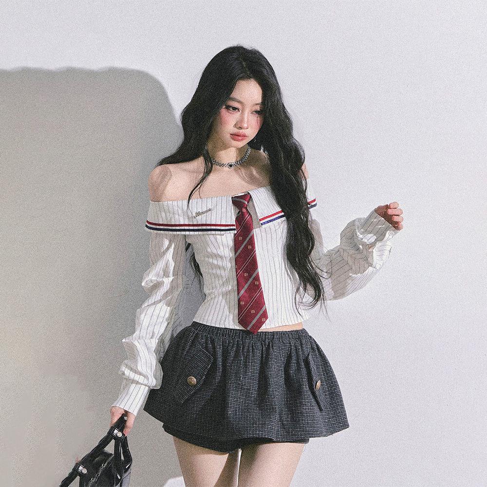 

Seoul Art Women s One-Shoulder Striped Shirt & Low-Waist Skirt-Pants Set S