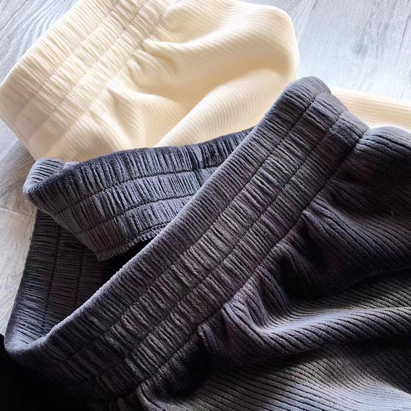 Women's Solid Elastic Waist Corduroy Wide Leg Pants Casual Sports Long Plush Trousers