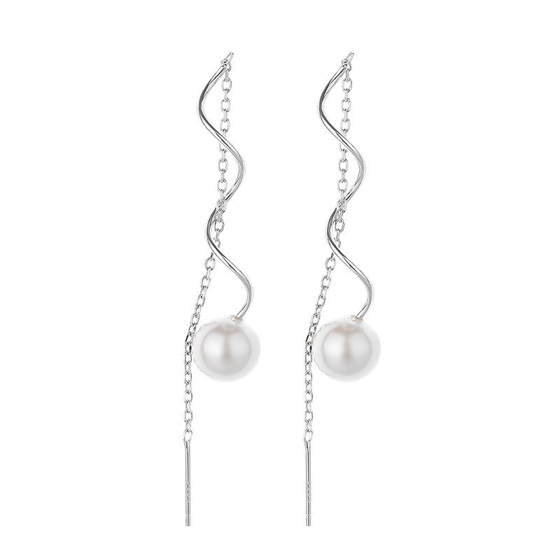 Silver Earphone Female Long Tassel Personalized Fashion Simple Stud Earrings Geometric Curve Ear Jewelry Cross Mirror