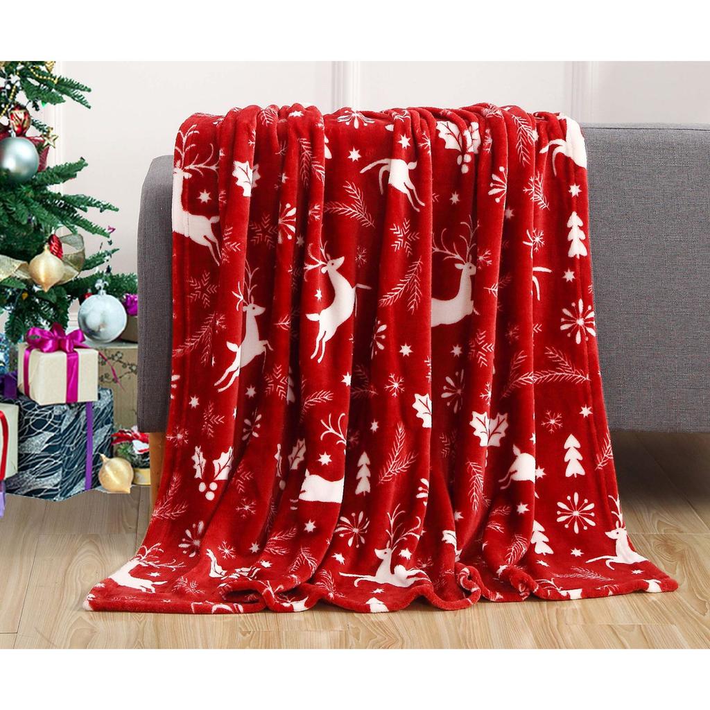 Christmas Elk Snowflake Patterned Red Flannel Blanket Cover Warmth Multifunctional Decorative Blanket Universal Winter Blankets