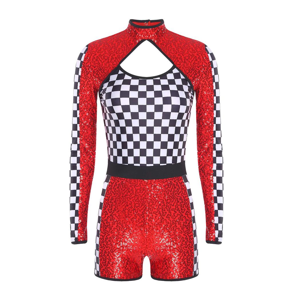 Damen glitzernder pailletten karierter Patchwork Rennfahrer Overall