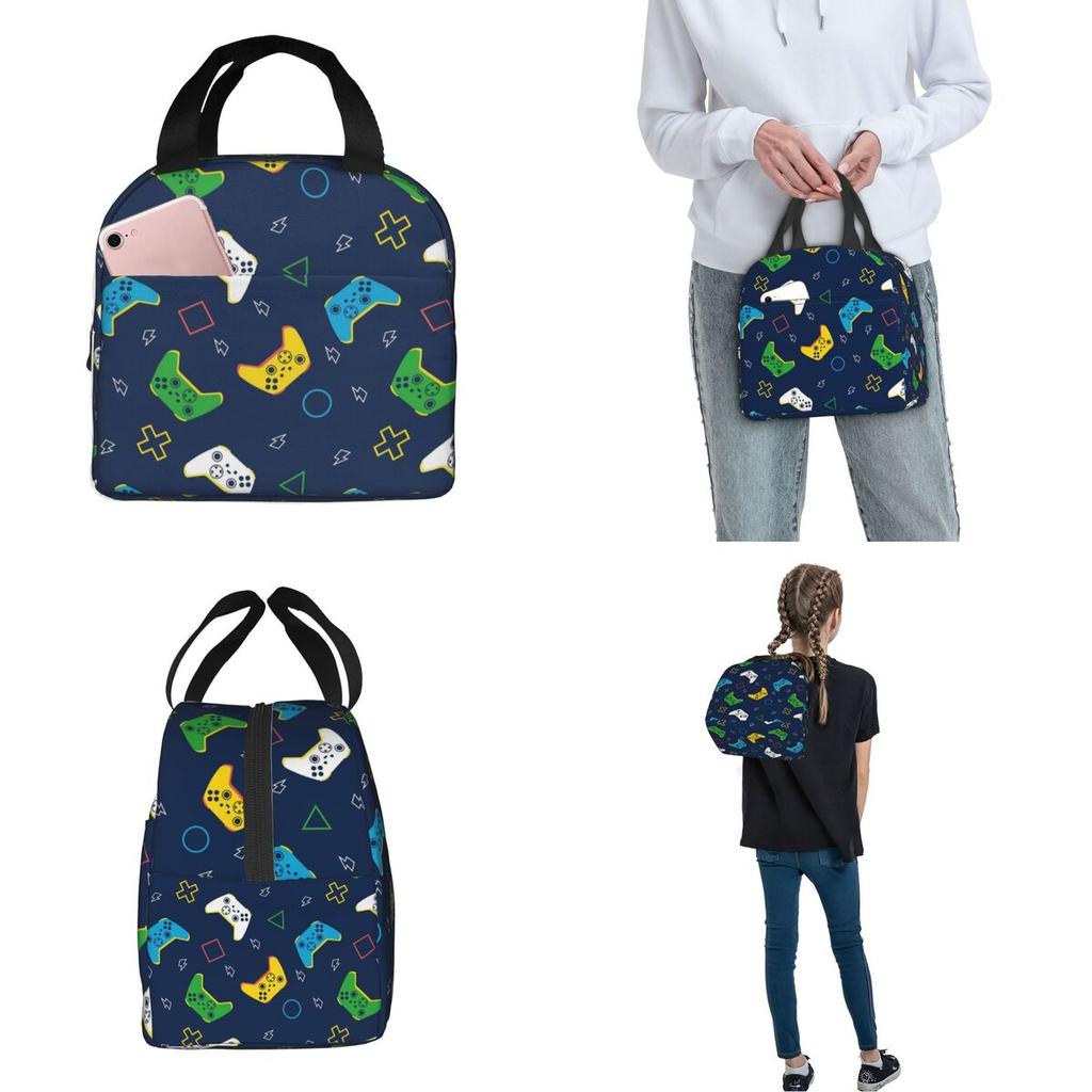 Cartoon Game Console Pattern Insulated Lunch Bag Thermal Bag Reusable Large Tote Lunch Box for Men Women Beach Outdoor