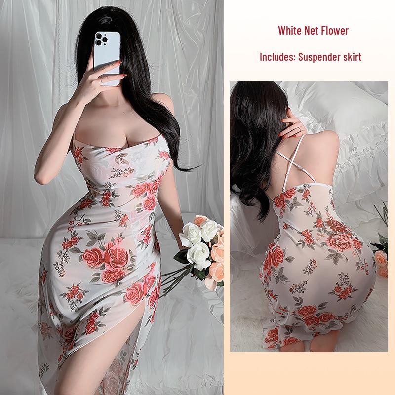 Elegant Rose Mesh Nightgown: Sexy, See-through, Slimming Camisole with Beautiful Cross-back Design
