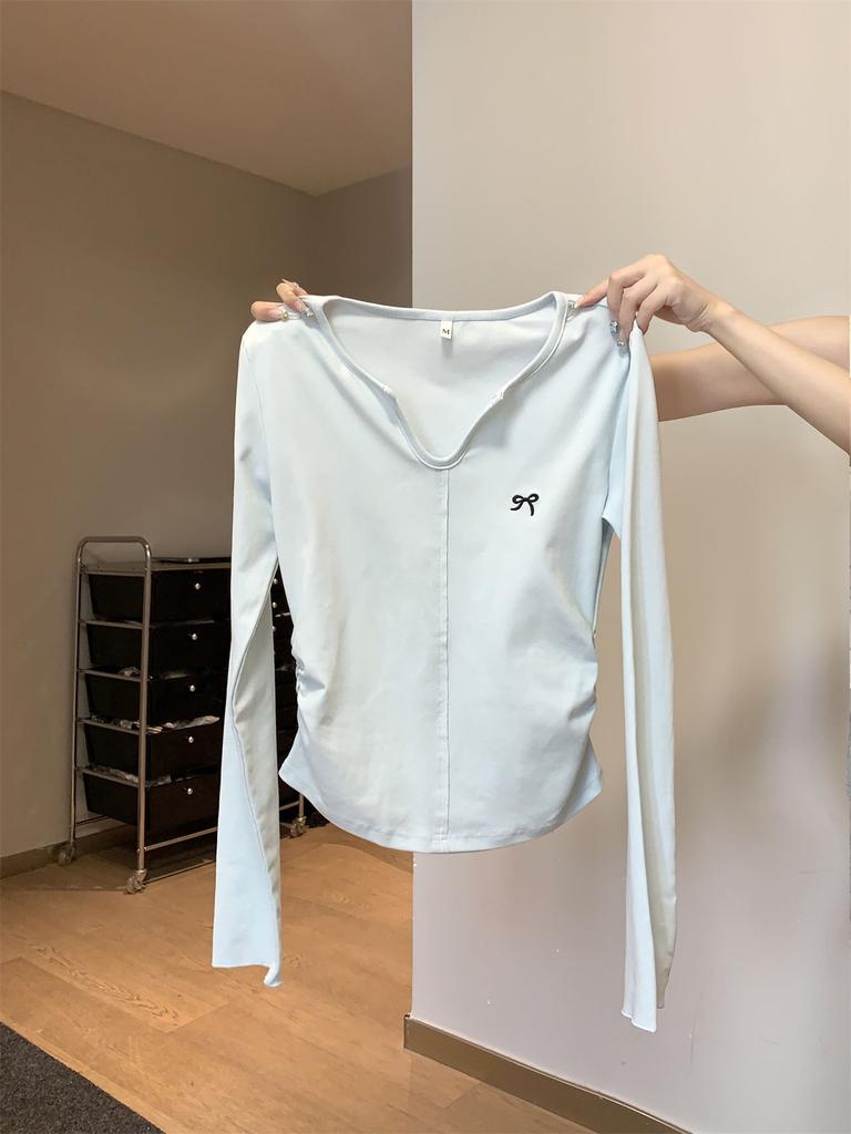 Small Neck Embroidered Splicing Bottom Shirt Women's Spring Waist Pleated Front Shoulder Long Sleeve T-Shirt Top