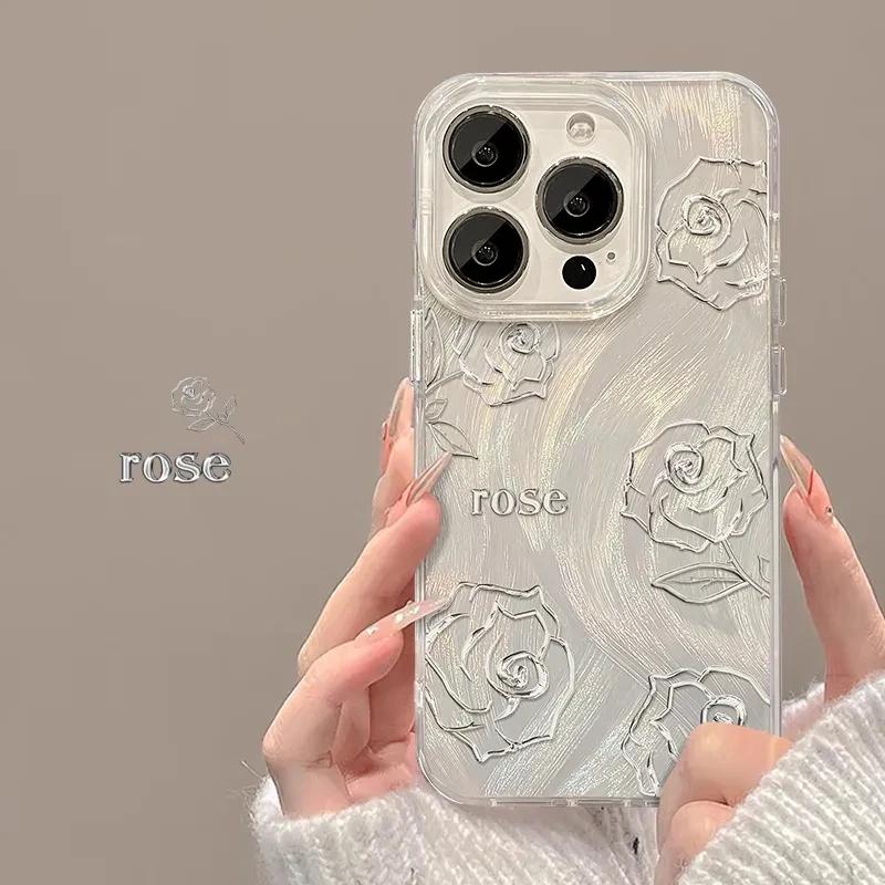 Luxury Glitter Laser Silver Flowers Phone Case For iPhone 15 Pro Max16 14 XS 13 11 1217 Advanced Shiny Hard Shell Material Cover