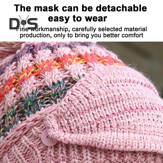 3Pcs/Set Knitting Hat Scarf Set Thickened Plush Lining Furry Ball Decor Beanie Hat Neck Warmer Detachable Face Guard Set