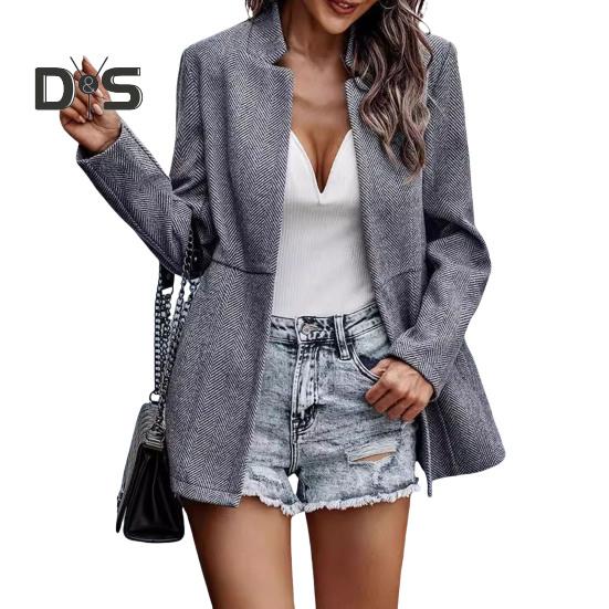 

Женский пиджак с воротником-стойкой, длинный рукав, однотонный, повседневный, свободный, пиджак с карманами, открытый спереди, деловая, официальная верхняя одежда S серый