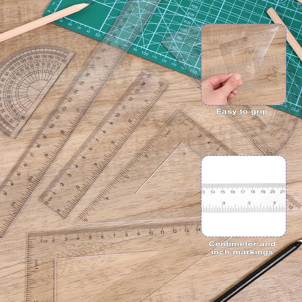 7PCS Geometry Math Set Plastic Clear 45/60 Degree Triangle Ruler 12 and 6 Inch Math Ruler 4 and 6 Inch Protractor and Compass Set with Box Measuring