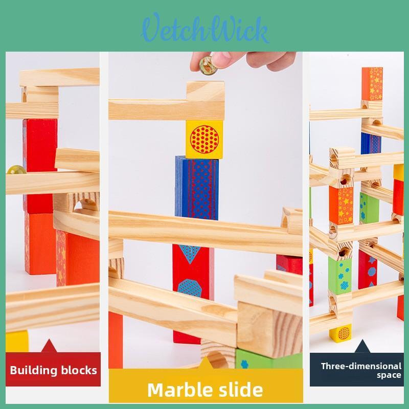 Wooden Kids Puzzle Building Blocks With Marble Track And Mechanical Dominoes For Cognitive Development