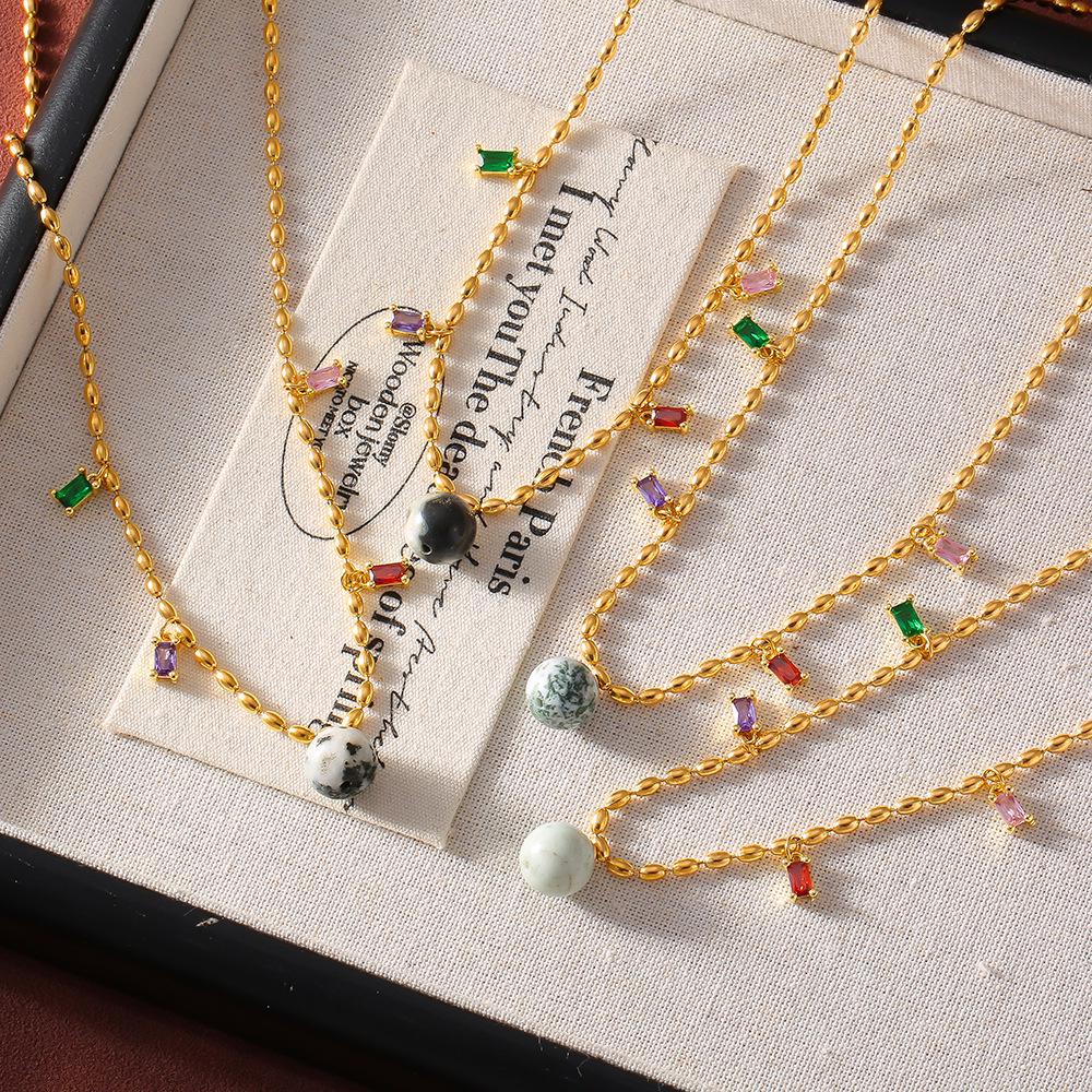 Contemporary Geometric Zircon Pendant on Titanium Steel Rice Bead Chain for Women