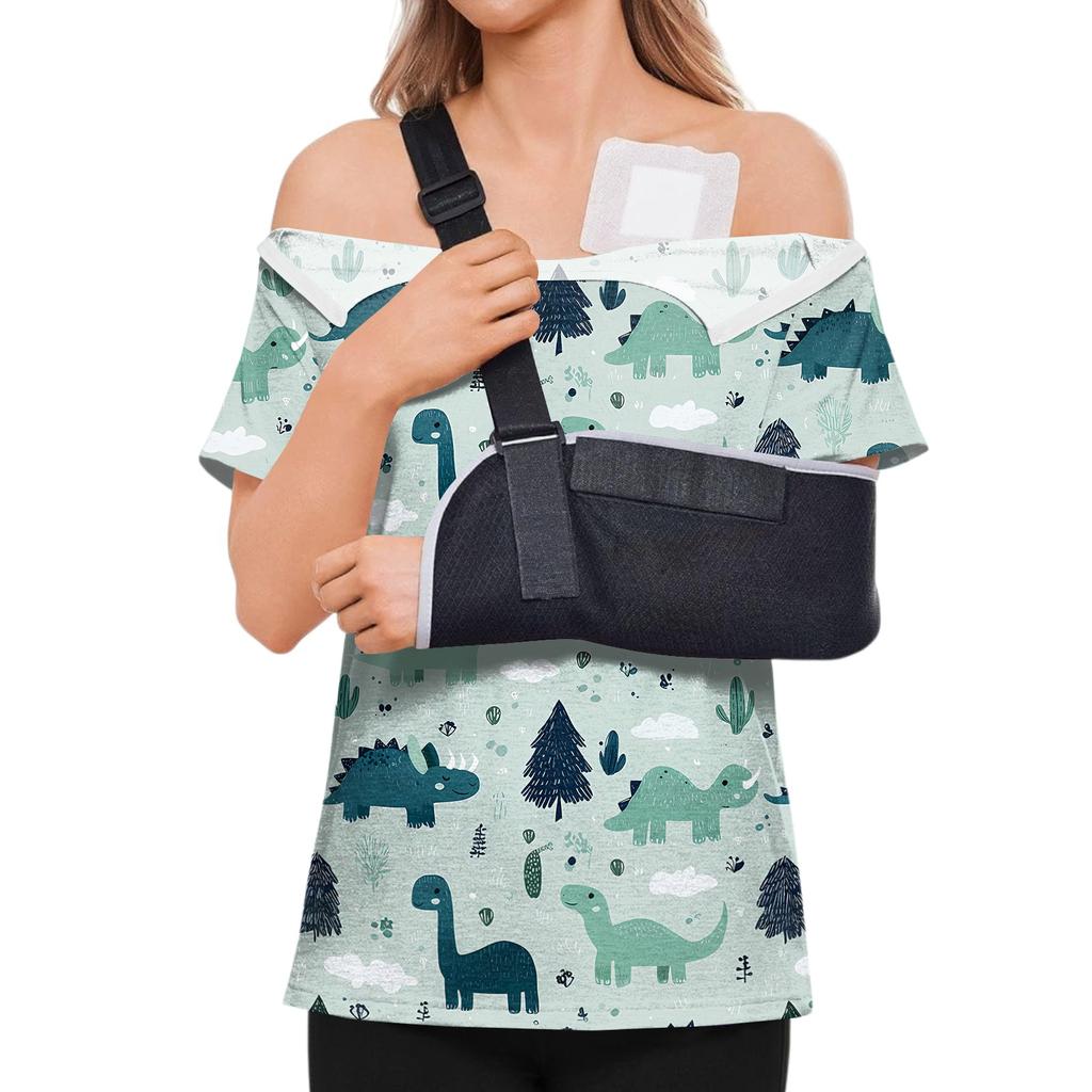 Post Surgery Shirt for Women Animal Print Short Sleeve Side Magic Tape Closure Shoulder Zipper Comfortable Recovery Top