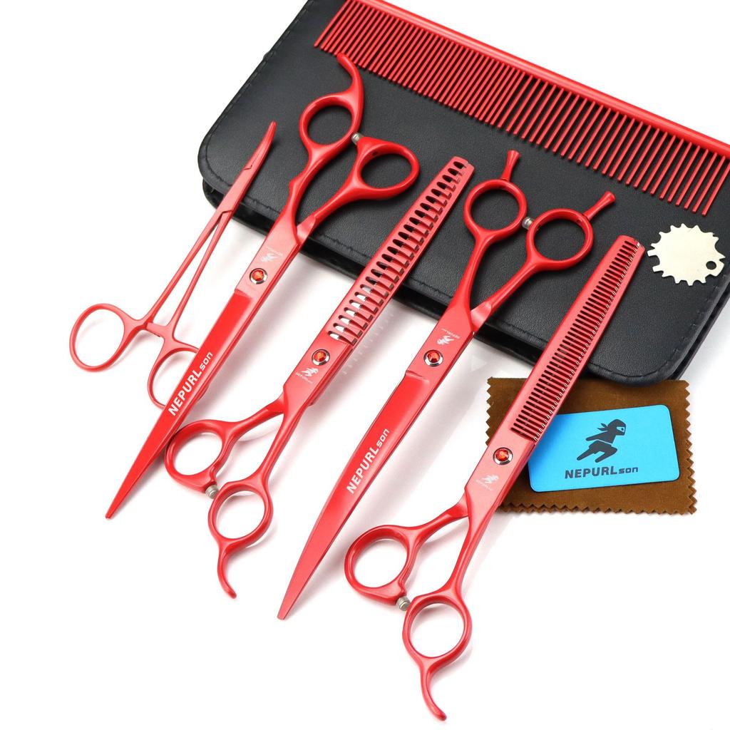 8.0 Inch Paint Red 4 Packs, Pet Beauty Scissors Straight Cut Curved Scissors, Set, Free Row Comb Dense Tooth Scissors