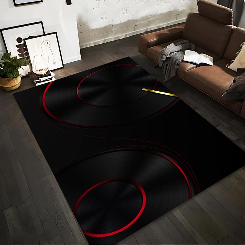 

Abstract Black and Red Modern Carpet with Vinyl Record Design Suitable for use as an anti-slip for living room bedroom sofas 40x60cm( 15x23in )