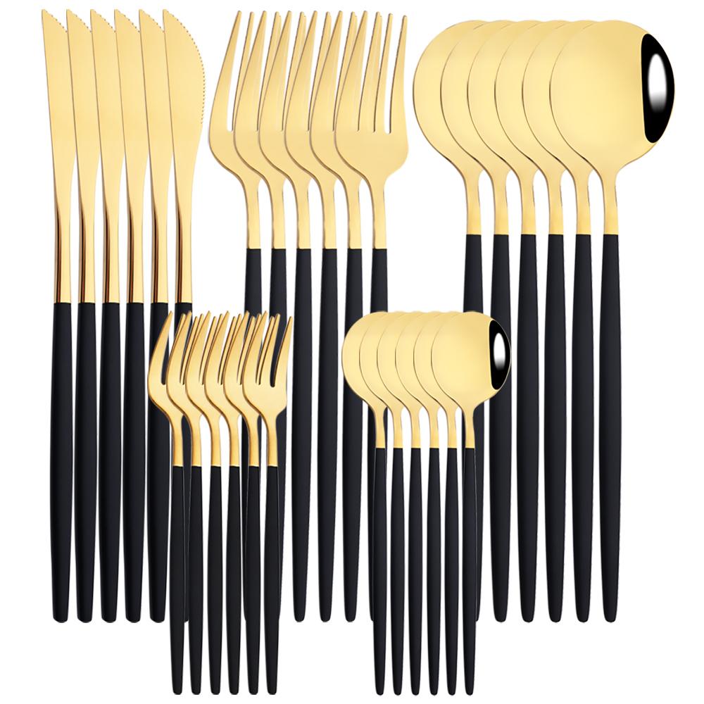 30Pcs Black Gold Cutlery Set Knife Fork Spoon Dinnerware Set Stainless Steel Cake Fork Teaspoon Tableware Party Kitchen Flatware