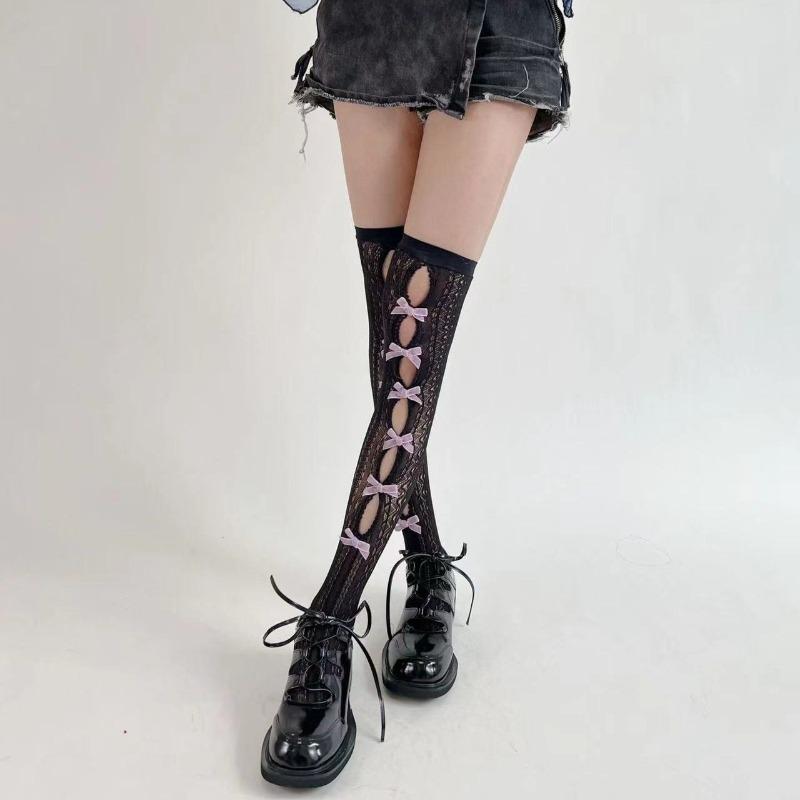 

Women Sexy Stocking Bow Tie Lace Thigh Socks Lolita Jk Lace Gothic Hollowed Out Over Knee Socks Calf Socks Clothing Accessories oen size