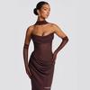 Women Brown Halter Neck Mesh Sleeve Maxi Dress