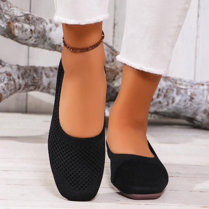 New solid color round head fly-woven flat-soled single shoes women's casual breathable hollow knitted lazy work shoes ebay