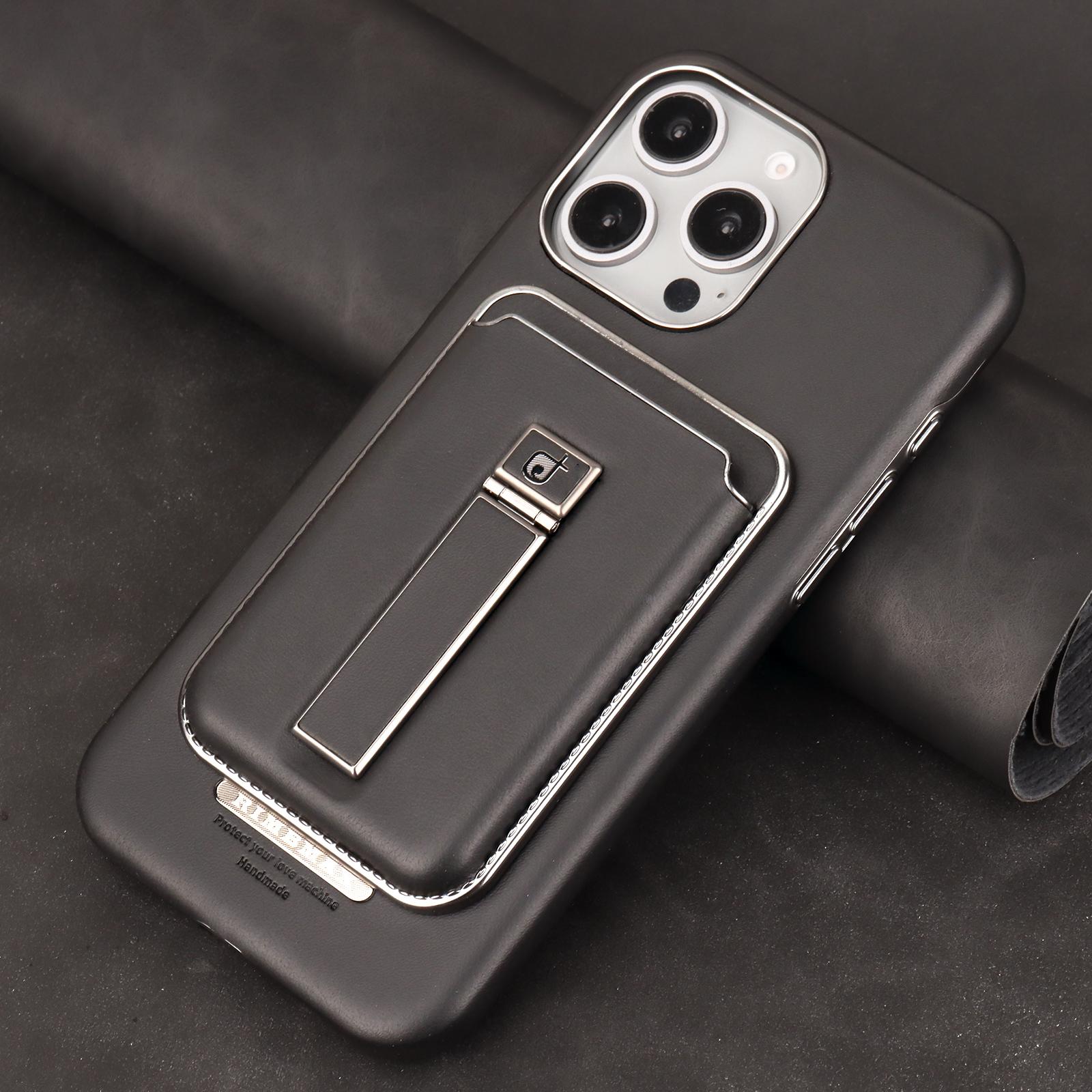 

2 в 1 съемный магнитный держатель для карт, роскошный кожаный чехол с металлической подставкой, защитная откидная задняя крышка для iPhone 16 15 14 13 12 Pro Max 16Pro 15Pro iPhone 16 Pro Max чёрный